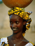 Smiling Peul (Or Fula) Woman Balancing Calabash on Her Head, Djenne, Mali