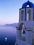 Church Belltower Tower and Yacht at Sea Below, Oia, Santorini Island, Southern Aegean, Greece