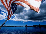 American Flag and Uss Missouri at Pearl Harbour, USA