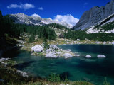 Buy Overhead View of Double Lake, House and Mountains, Triglav National Park, Slovenia at AllPosters.com