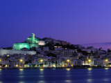 Night View Across Harbour of Elvissa and Old Walled Town of d'Alt Vila, Ibiza, Spain