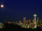 Buy Skyline at Night with Moon and Space Needle Tower Seattle, Washington, USA at AllPosters.com