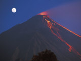 Siau Volcano Erupting with Moon Behind, N Sulawesi, Indonesia