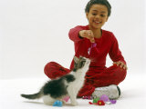 Domestic Cat, Girl Plays with 10-Week Tabby-And-White Kitten