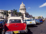 Street Scene of Taxis Parked Near the Capitolio Building in Central Havana, Cuba, West Indies