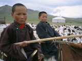 Buy Young Boys on Horseback Herding Sheep, Mongolia, Central Asia at AllPosters.com
