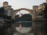 Stari Most Peace Bridge and Reflection of Mosque on Neretva River, Bosnia, Bosnia-Herzegovina