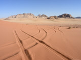 Car Tracks in the Sand, Desert Scenery, Wadi Rum, Jordan, Middle East