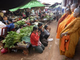 Buddhist Monks Collecting Alms in the Market Town of Phum Swai Chreas, Eastern Cambodia, Indochina