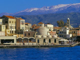 Hania Seafront and Levka Ori in the Background, Hania, Island of Crete, Mediterranean
