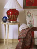 Side Table and Hand Blown Glass Based Lamp Beside Sofa in Drawing Room of New Build Home, India