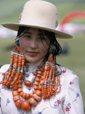 Portrait of a Tibetan Woman Wearing Jewellery Near Maqen, Qinghai Province, China Photographic Print