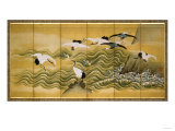 Cranes and Wave, Ink, Colour and Gold on Silk