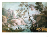 Buy A River Landscape with Anglers by a Broken Weir Below a Footbridge at AllPosters.com