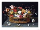 Buy Roses and Other Flowers in a Wicker Basket on a Table at AllPosters.com