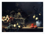 Buy Grapes and Peaches in Wicker Baskets, with Apples, Pears, and Pomegranates on a Table at AllPosters.com