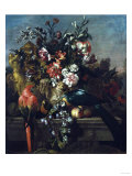 Buy Carnations and Other Flowers with Parrots on a Pedestal at AllPosters.com