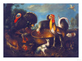 A Turkey, Duck, Rooster, Guinea Pig, and Rabbit by a Brass Urn, Genoese School, 18th Century