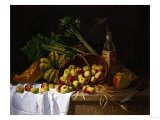 Buy A Still Life with a Bottle of Wine, Rhubarb and an Upturned Basket of Apples on a Table at AllPosters.com