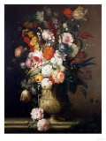 Roses, Tulips, Carnations and Other Flowers, in an Urn on a Ledge