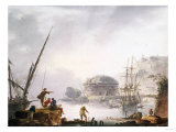 Buy Fishermen with a Sailing Vessel Moored in a Capriccio Mediterranean Harbour, 1754 at AllPosters.com