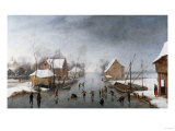 A Winter River Landscape, with Figures on the Ice by Buildings