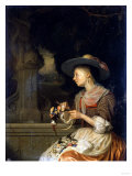Buy A Lady Arranging a Garland of Flowers, Seated in a Park, a Town in the Distance at AllPosters.com