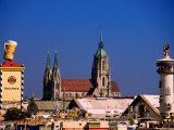 Beer Tents at Oktoberfest with Cathedral in the Background, Munich, Bavaria, Germany