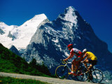 Cyclists in Front of Eiger and Snow-Covered Monch, Grosse Scheidegg, Grindelwald, Bern, Switzerland