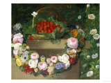 Swag of Beautiful Summer Flowers and Strawberries