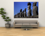 Polynesian Girl with Huge Moai, Ahu Tongariki, Easter Island, Chile