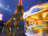 Eiffel Tower in Twilight Fog and Rain, Merry-Go-Round in Foreground, Paris, France