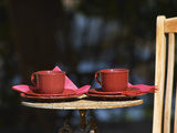 Table with Coffee and Teak Deck Garden Chair, Clos Des Iles, Le Brusc, Var, Cote d'Azur, France
