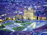 Nighttime Aerial View of the Main Square Featuring the Cathedral of Cusco, Cusco, Peru