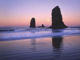 Moonset Between the Needles Rocks in Early Morning Light, Cannon Beach, Oregon, USA