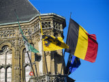 Flags of Belgium on the Right, Flanders in the Center on the Town Hall of Ghent, Flanders, Belgium