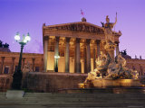 Pallas Athene (Athena) Fountain and Parliament Building at Night, Vienna, Austria, Europe