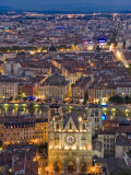 Cityscape, River Saone and Cathedral St. Jean at Night, Lyons (Lyon), Rhone, France, Europe