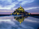The Mount by Night Reflected in Water, Mont St. Michel, Manche, Normandy, France