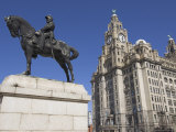 Statue of Edward VII and Liver Building, Albert Dock, Liverpool, Merseyside, England, UK