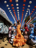 Girls Dancing a Sevillana Beneath Colourful Lanterns, Feria De Abril, Seville, Andalucia, Spain