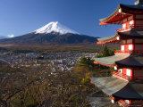 Mount Fuji Capped in Snow and the Upper Levels of a Temple, Central Honshu, Japan