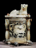 Painted Alabaster Unguent Jar Showing Hunting Scene, with the King as a Lion, Egypt, North Africa