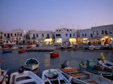 Boats in Harbour at Dusk, with Shops and Restaurants of Mykonos Town in the Background, Greece