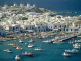 Buy Aerial of the Harbour and Mykonos Town with Windmills in the Background, Greece at AllPosters.com