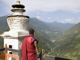 Buddhist Monk Looking Over the Valley of the Puna Tsang River, Bhutan, Himalayas