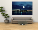 Boston Skyline Reflecting in Harbor with Full Moon