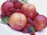 Fruit Bowl with Red Plums and Raspberries