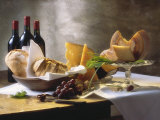 Assorted Types of Cheese with Bread, Red Wine