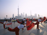 People Exercising at The Bund, Pudong Skyline in Background, Shanghai, China